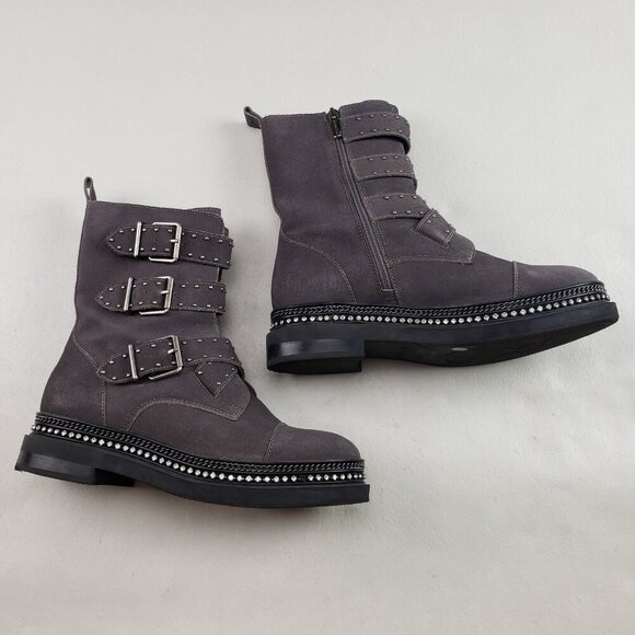 Vince Camuto Bobette Biker Boot Womens 9 Gray Suede Buckles Chunky Combat Stud - Picture 1 of 13